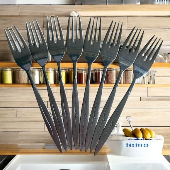 8 Fantasy Dinner Forks Oneida 1881 Rogers Stainless 7 5/8" Atomic MCM - Picture 1 of 9